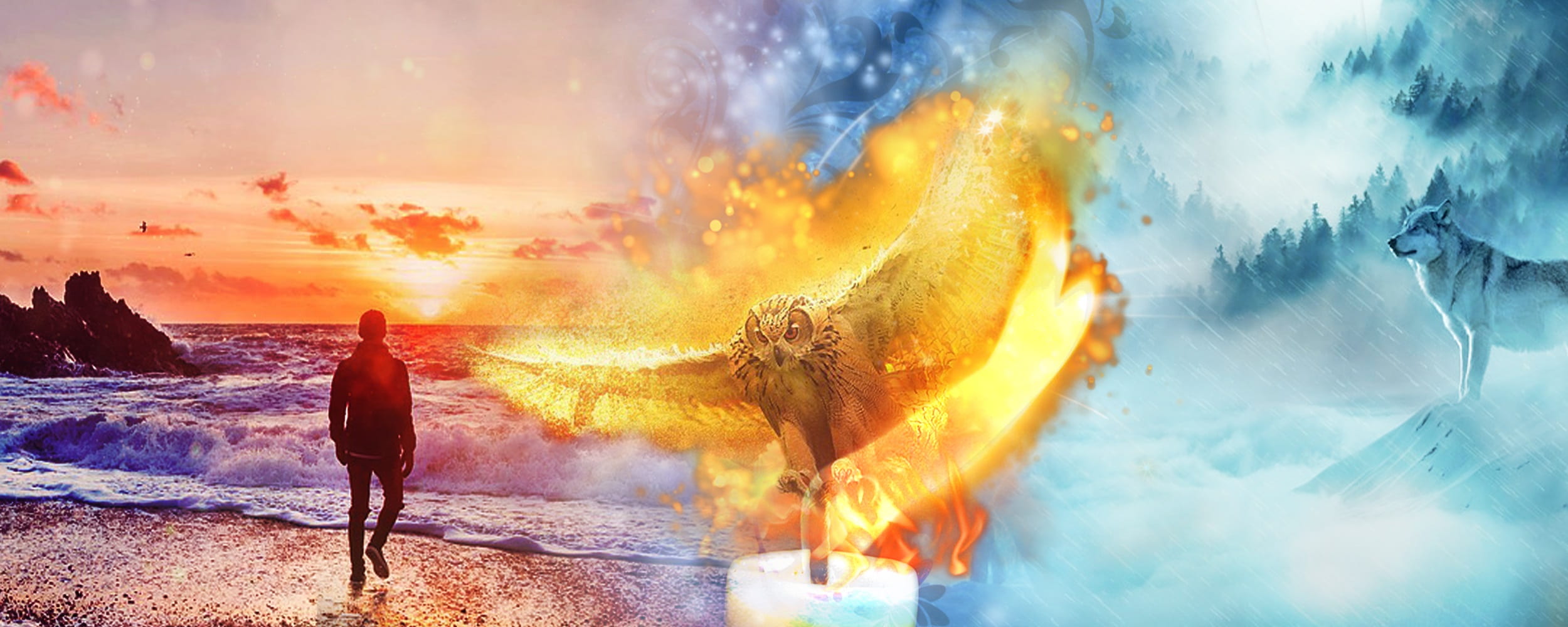 man on beach hope owl candle light sun sea guy shape 2k