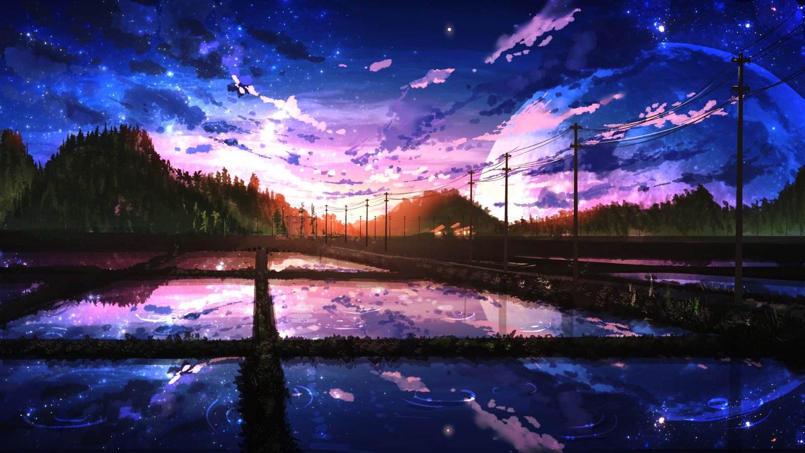 mountain peak landscape digital art sunlight trees building 2k