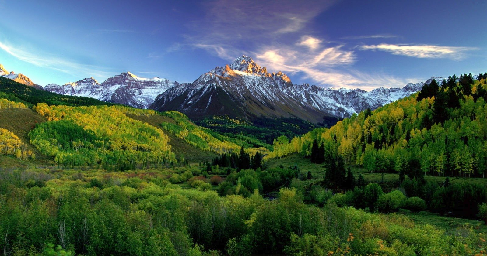 mountains forest clouds green snowy peak trees nature 2k