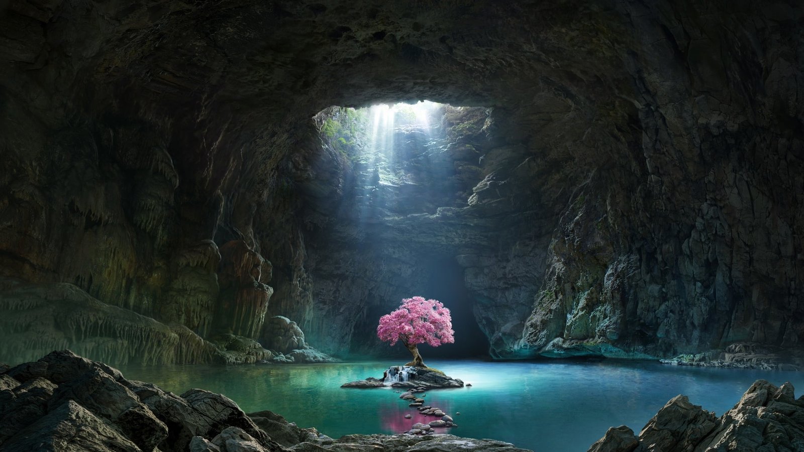 nature landscape trees water cave rock lake stones sun rays 2k