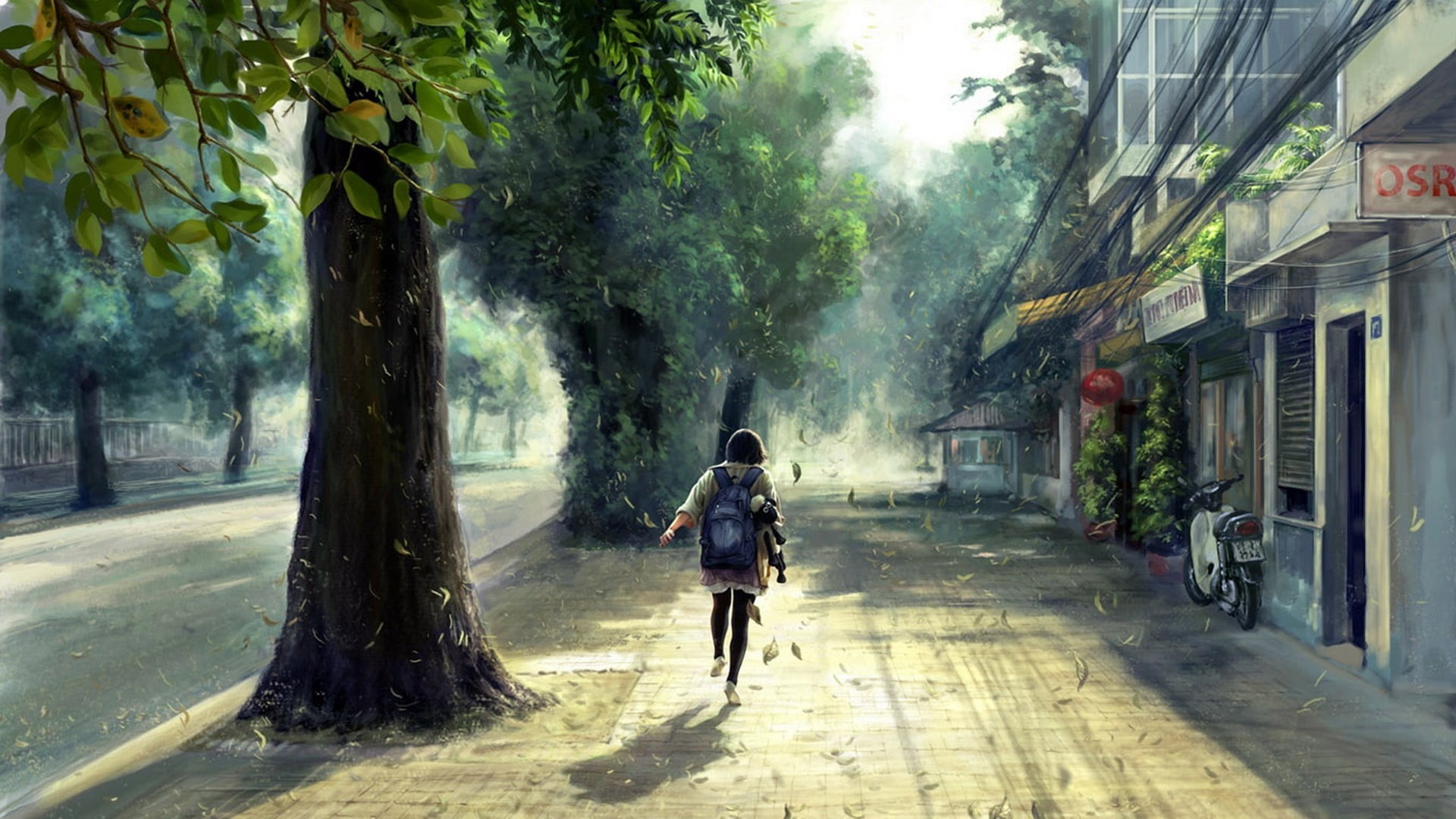 person's black pants woman running under trees artwork building 2k