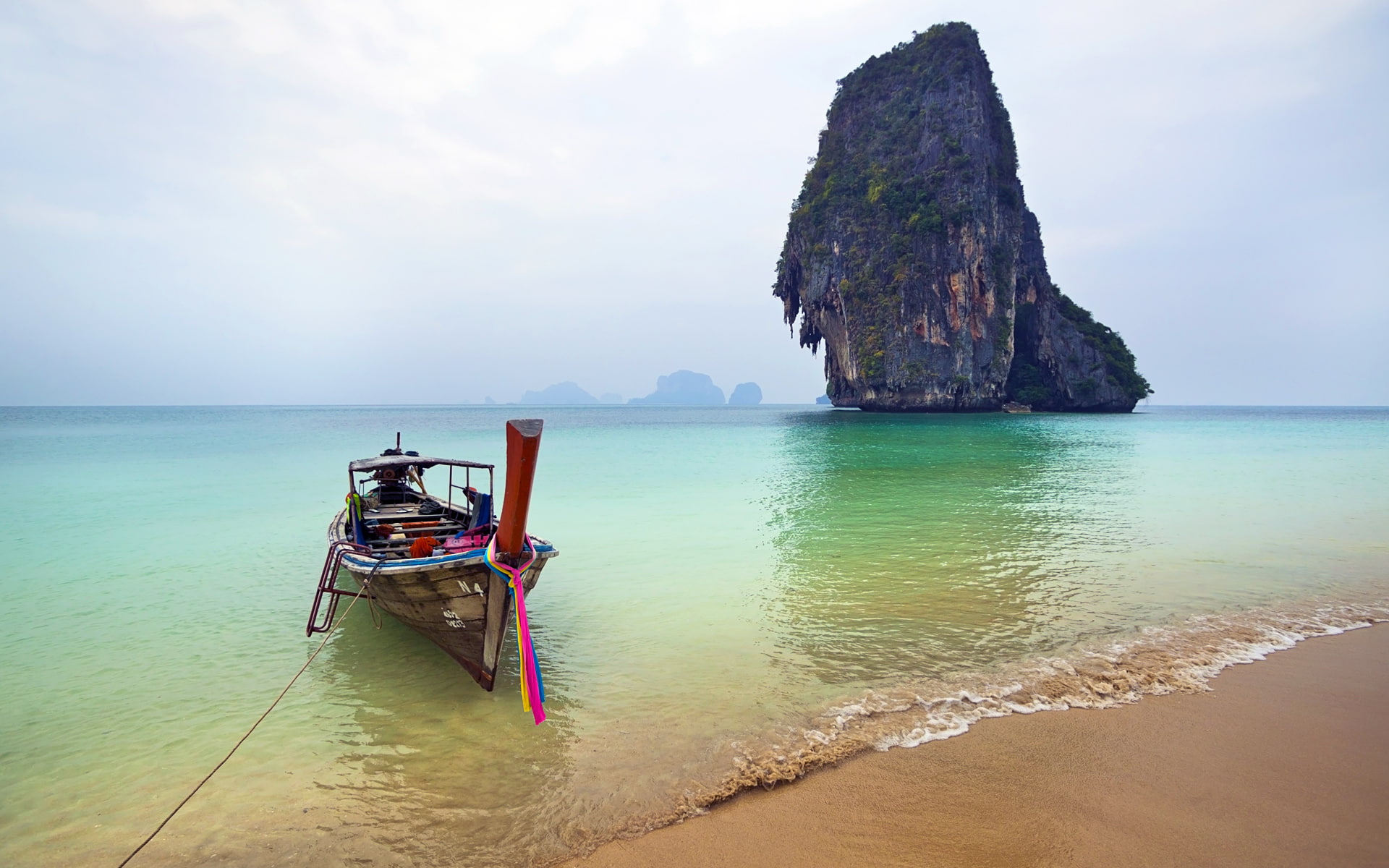 Phra Nang Beach Krabi Ocean With Turquoise Green Water Sandy Boat Rock In The Sea Wallpaper For Desktop 2k