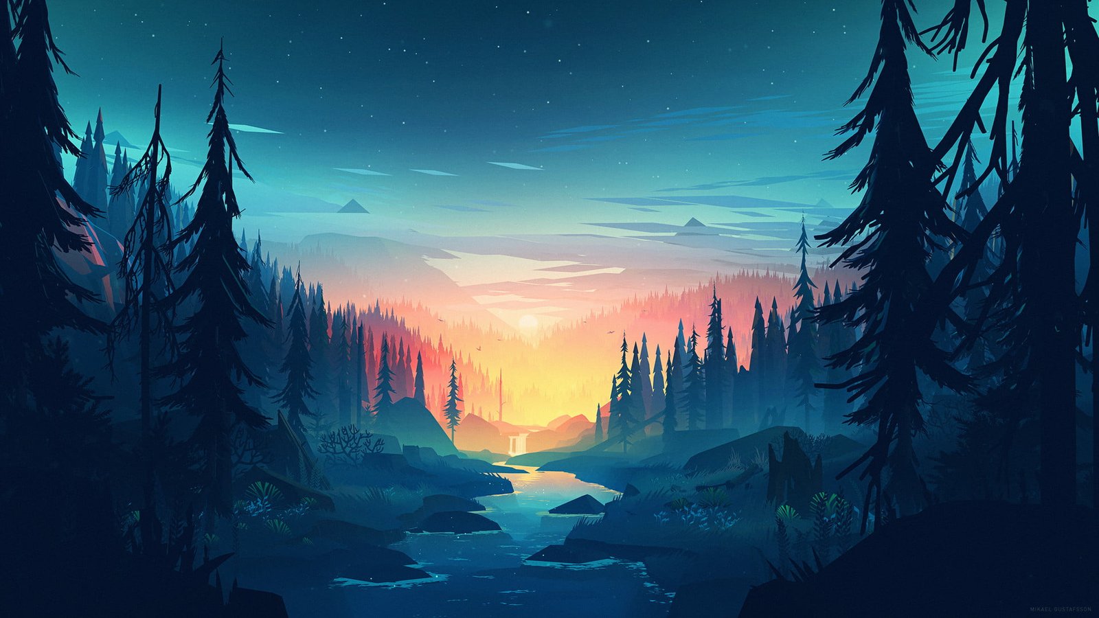 pine tress illustration artwork landscape forest Mikael Gustafsson 2k