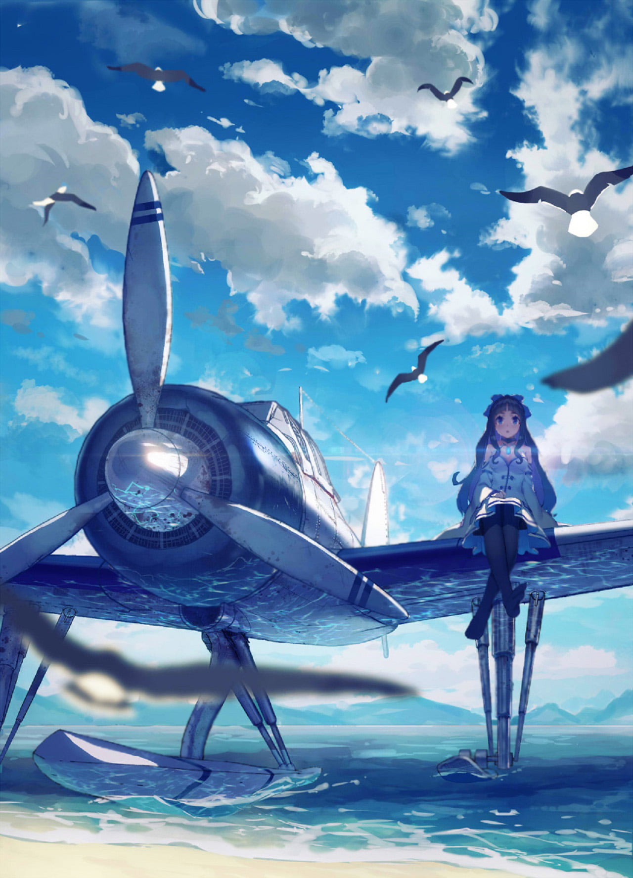 planes beach anime girls reflection seagulls cloud sky