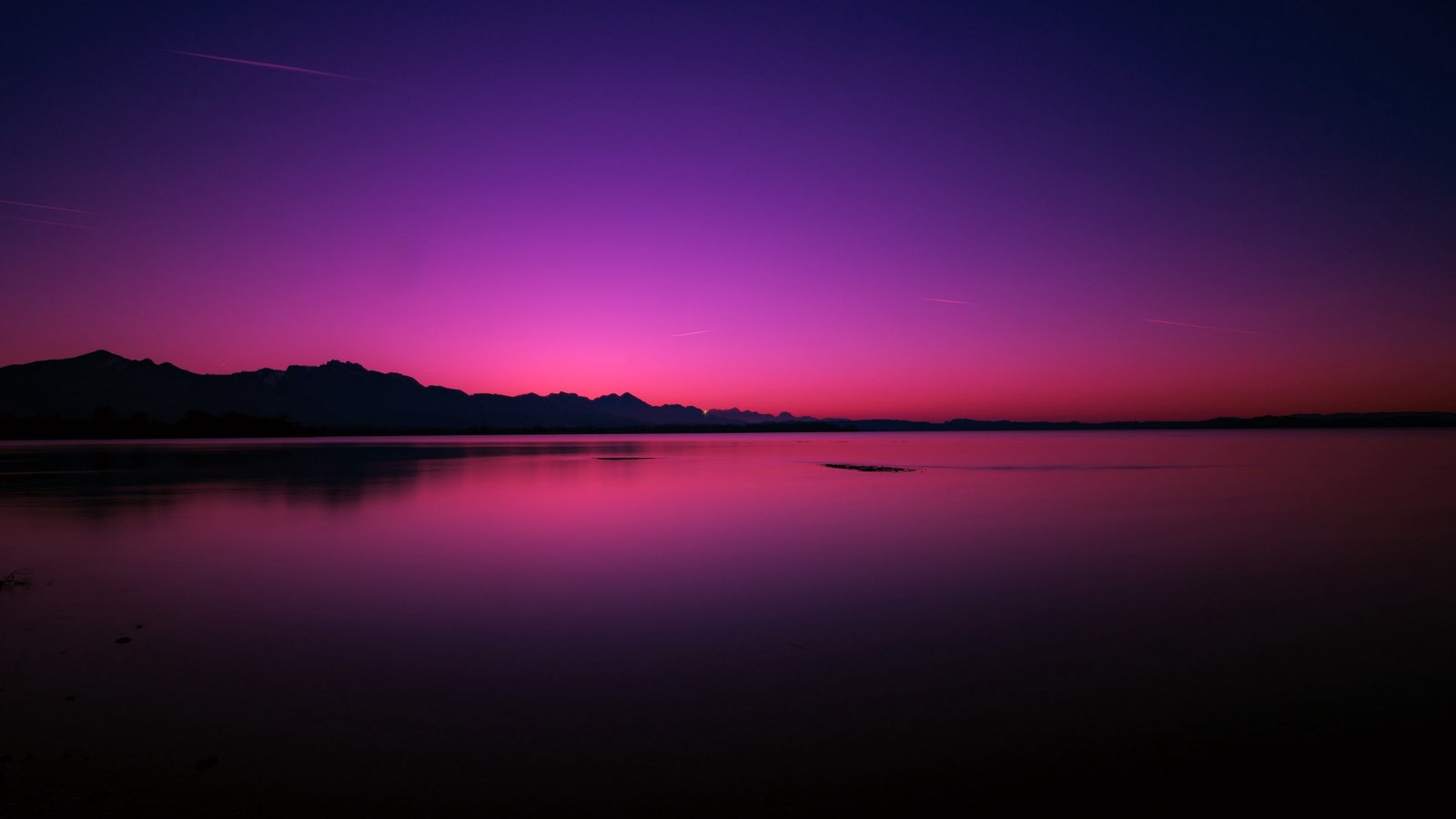 purple landscape reflection dusk evening pink sky lake 2k 4k