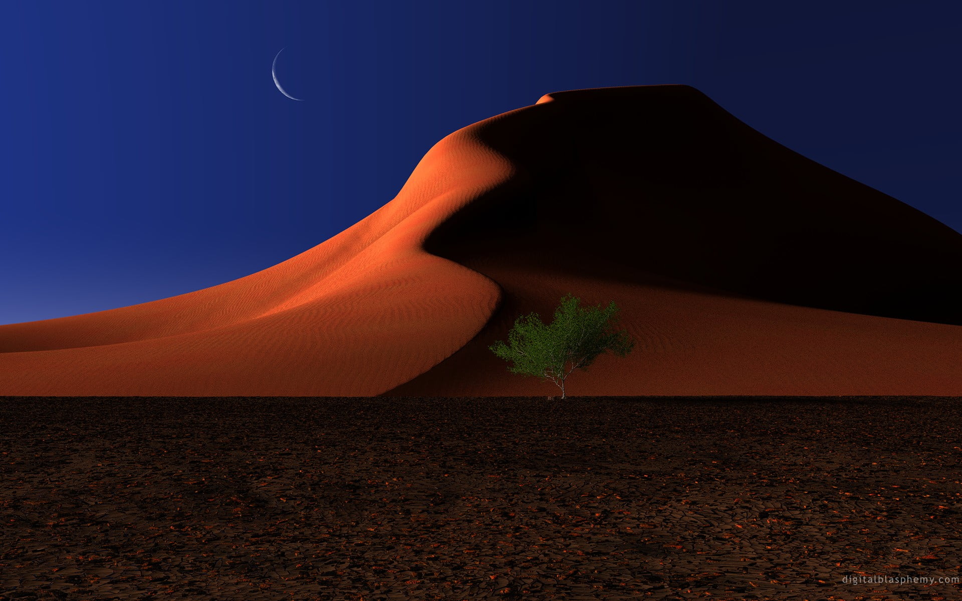 red and black plastic bed frame desert Moon night trees dune 2k