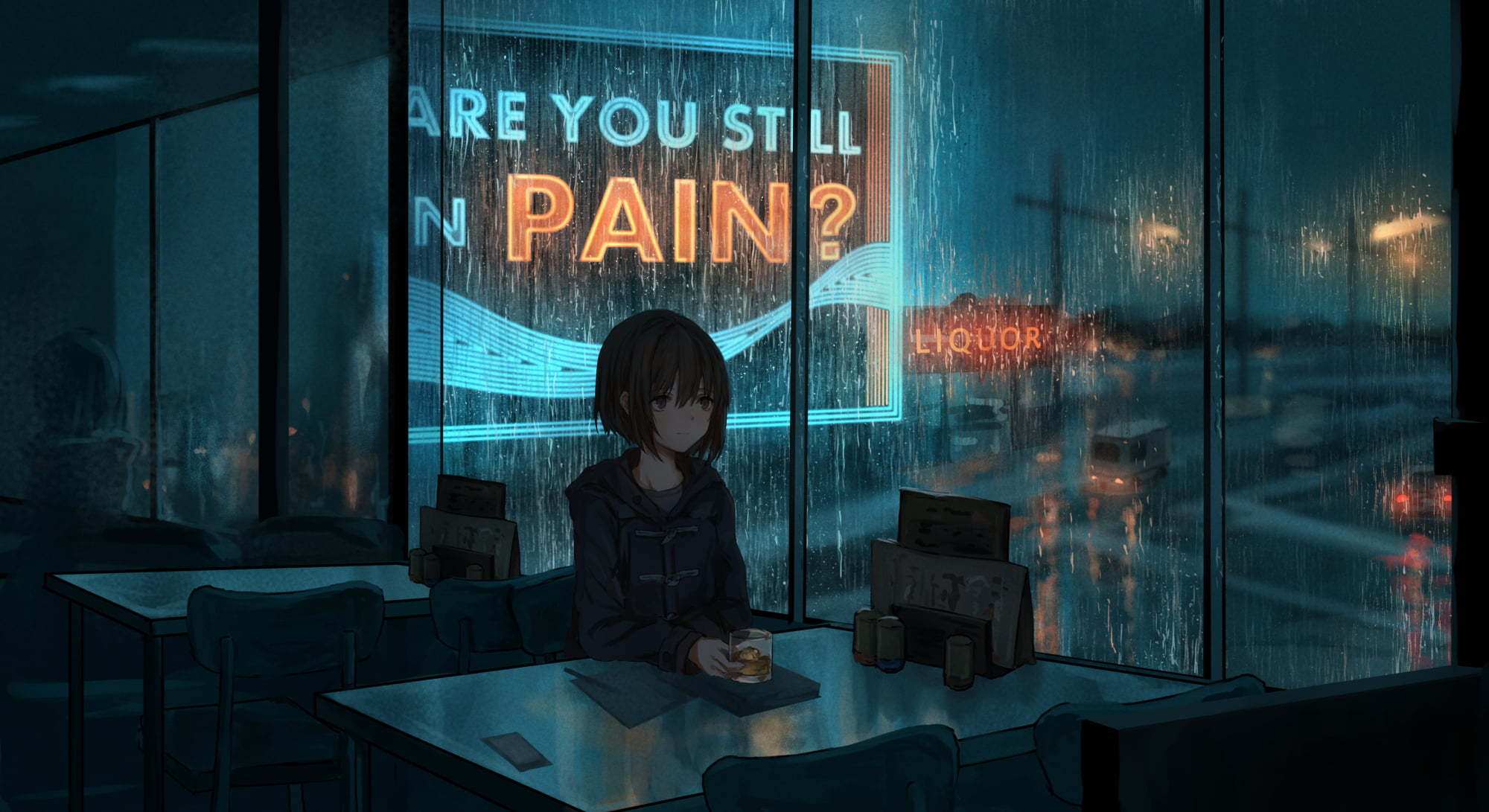restaurant dark anime girls alone rain window 2k