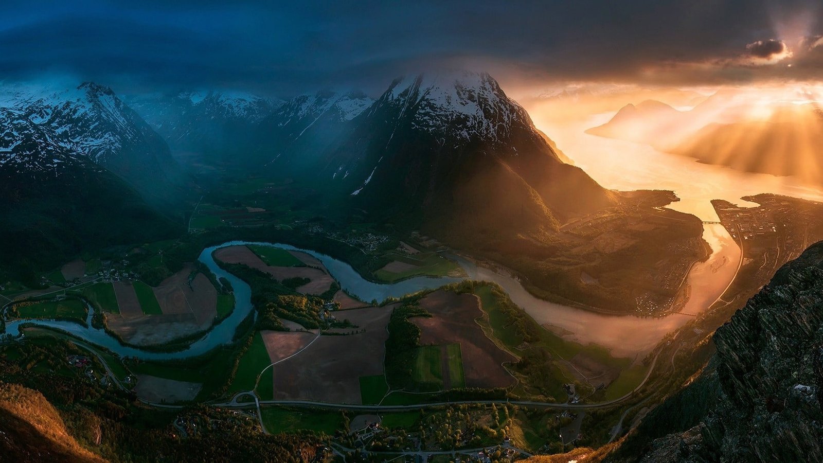 river and mountain illustration sunset Norway field road 2k