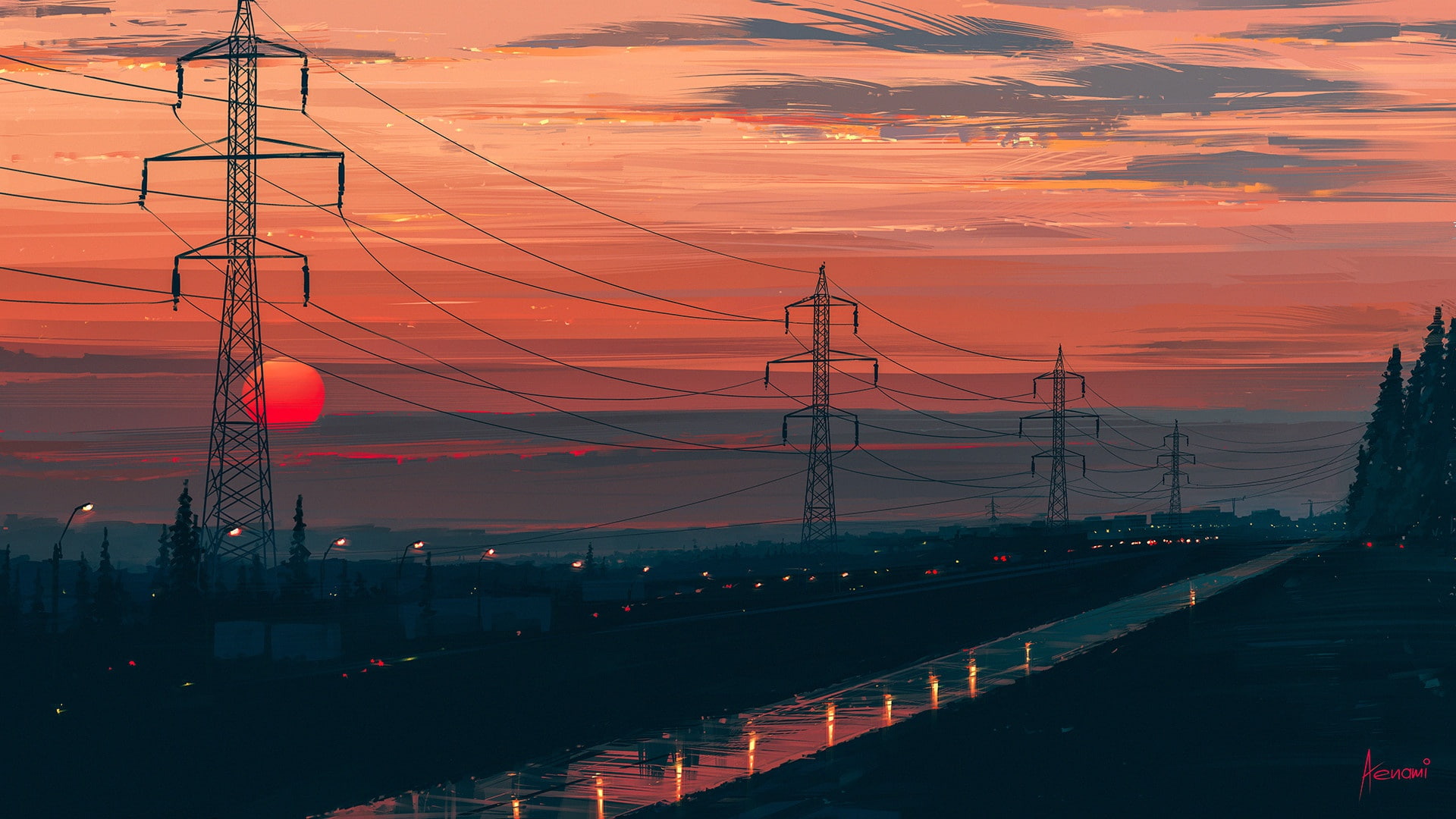 road the sun landscape sunset Aenami Any Minute Now power lines 2k
