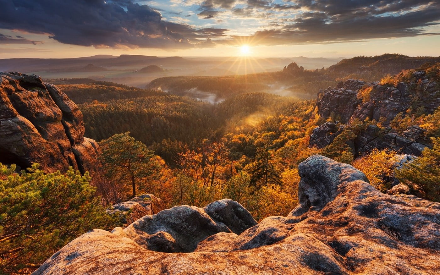 rock formations and brown leafed trees nature landscape sunlight