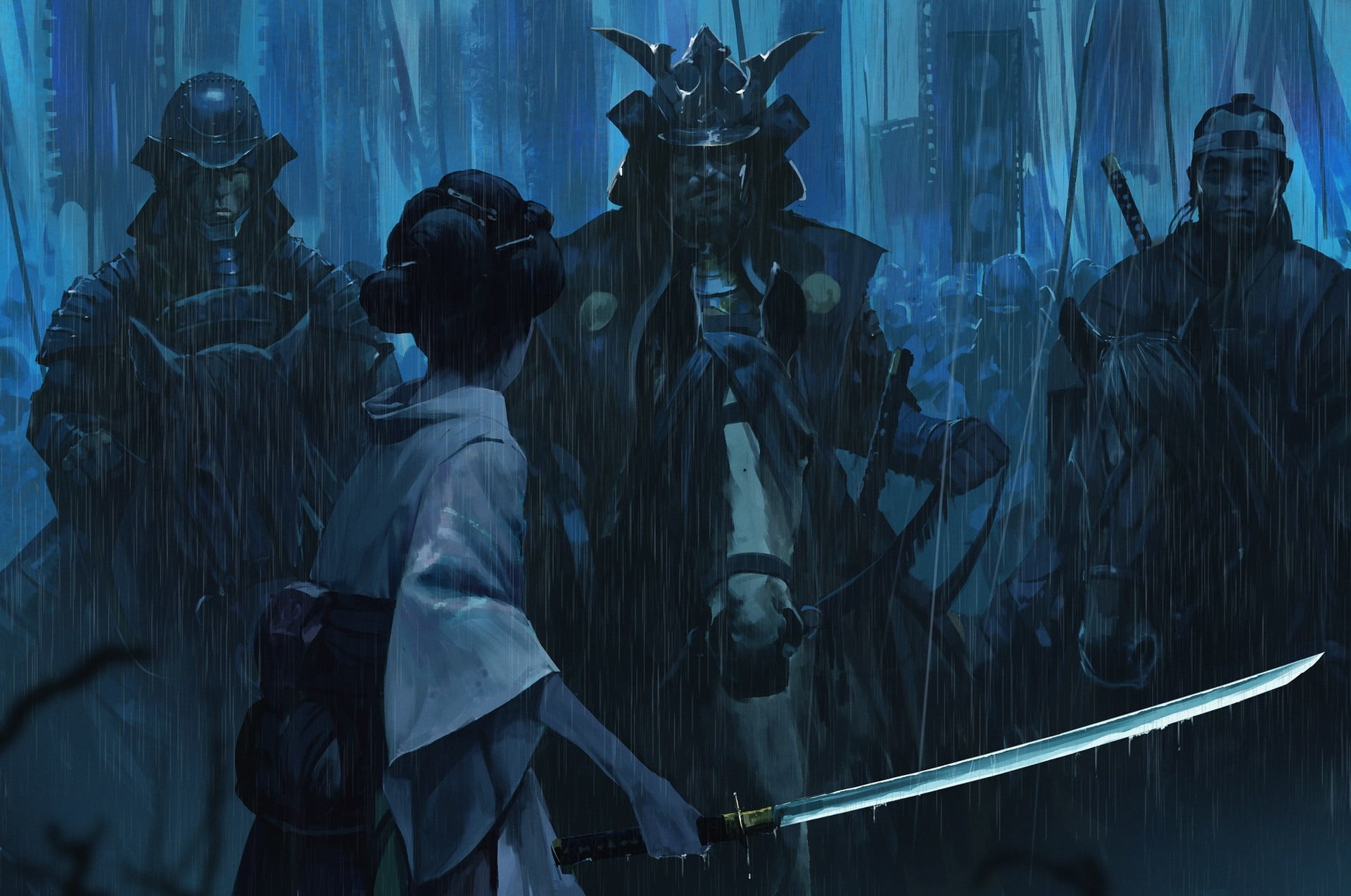 samurai wallpaper katana army geisha rain armor banner 2k
