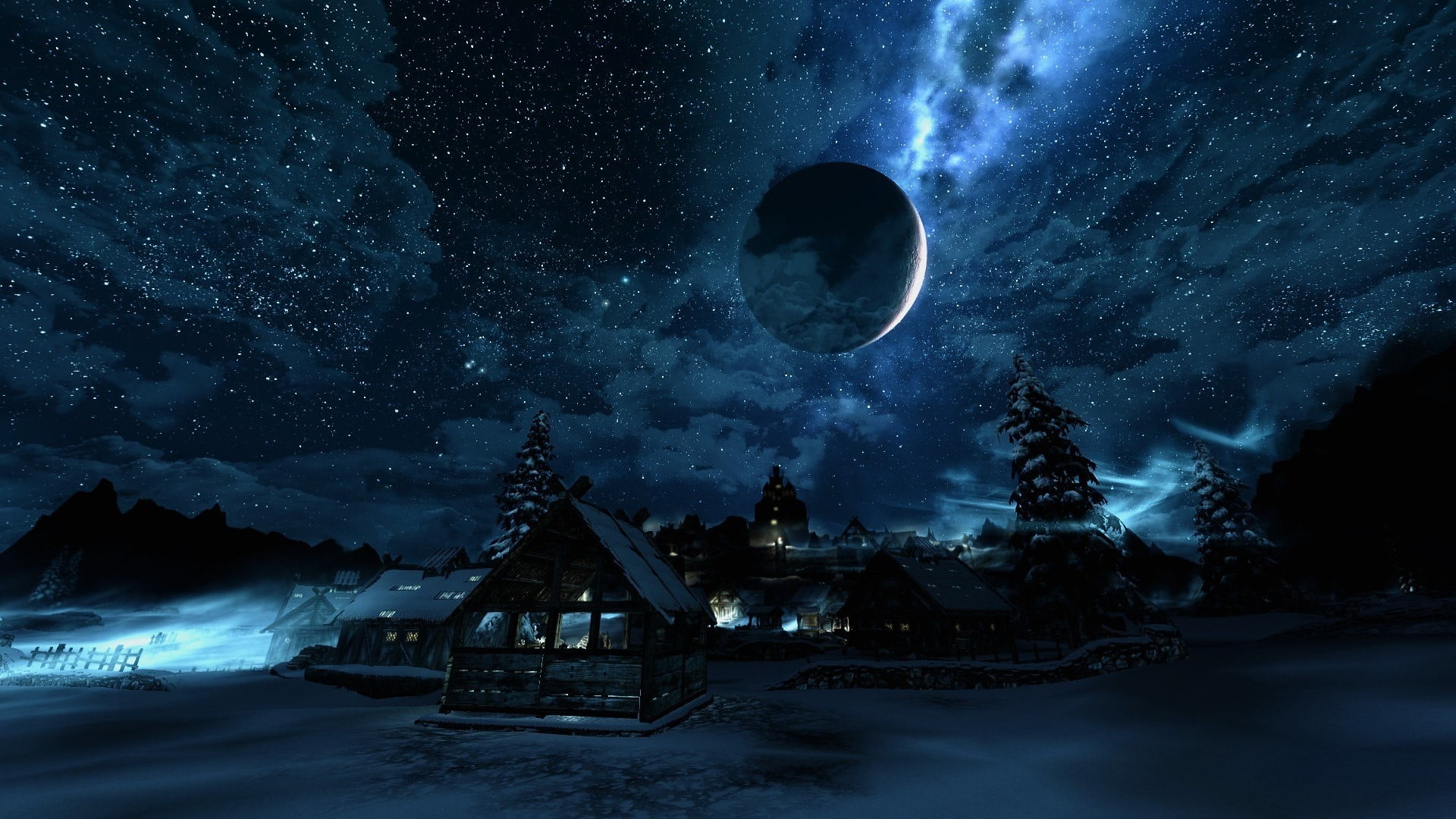 snow covered village during night wallpaper The Elder Scrolls V Skyrim 2k