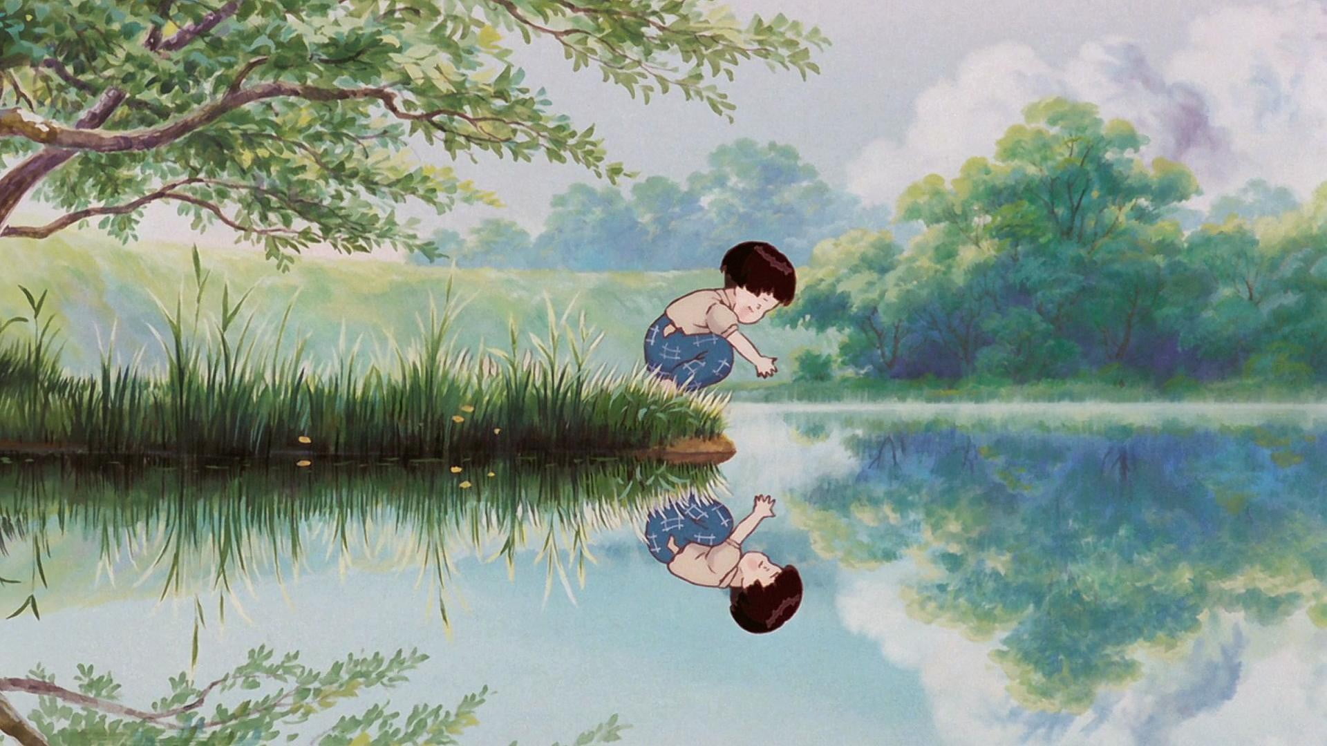 Studio Ghibli Hotaru no Naka lake water plant tree reflection 2k