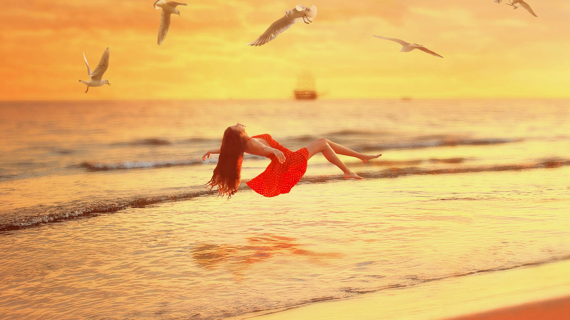 sunset beach sea girl levitation red dress seagull birds 2k