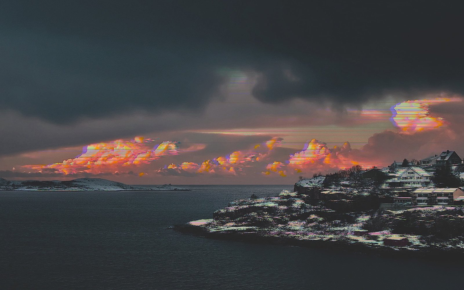 vaporwave landscape snow island sea water sky cloud 2k