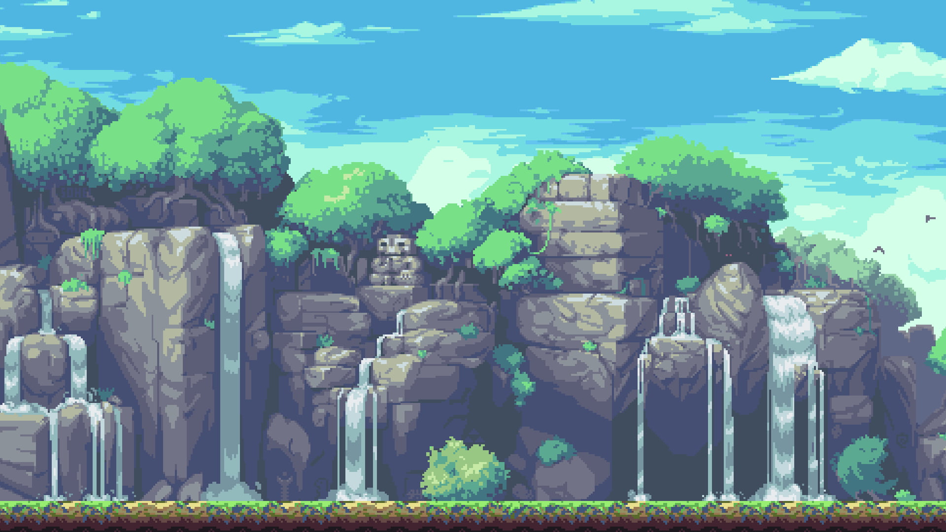 waterfalls animated wallpaper pixel art mountains trees planet centauri 2k