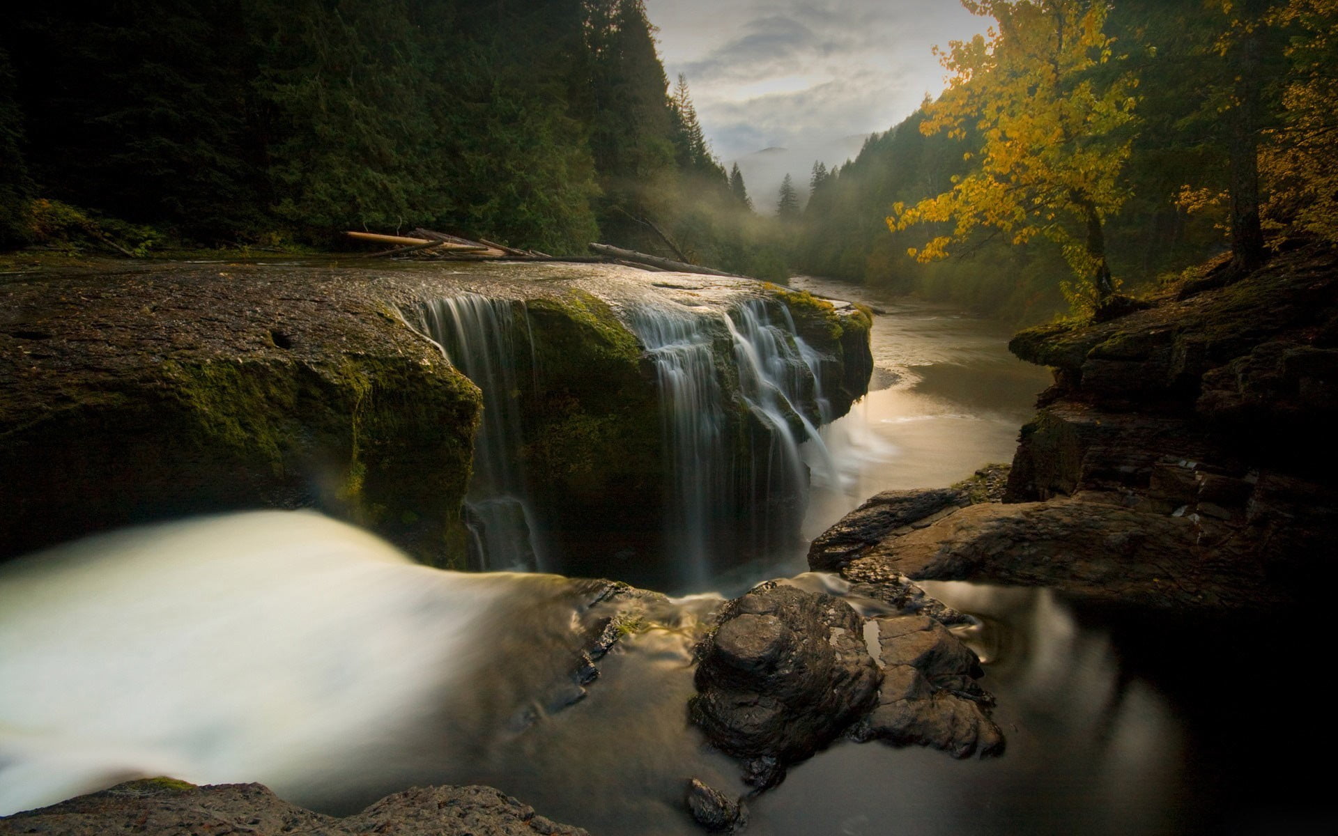 waterfalls wallpaper nature landscape trees Washington state 2k