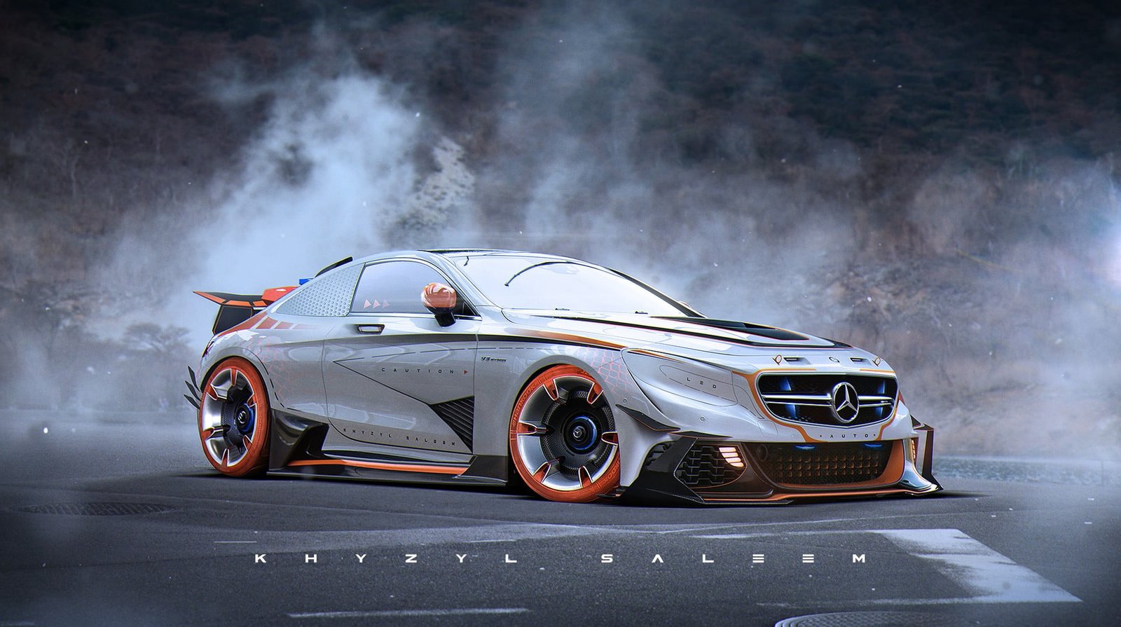 white and orange Mercedes Benz coupe artwork car Khyzyl Saleem 2k