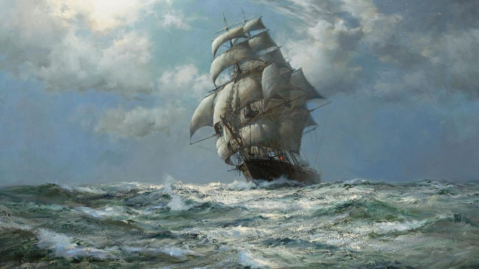 white clipper ship painting sea old artwork water nature 2k