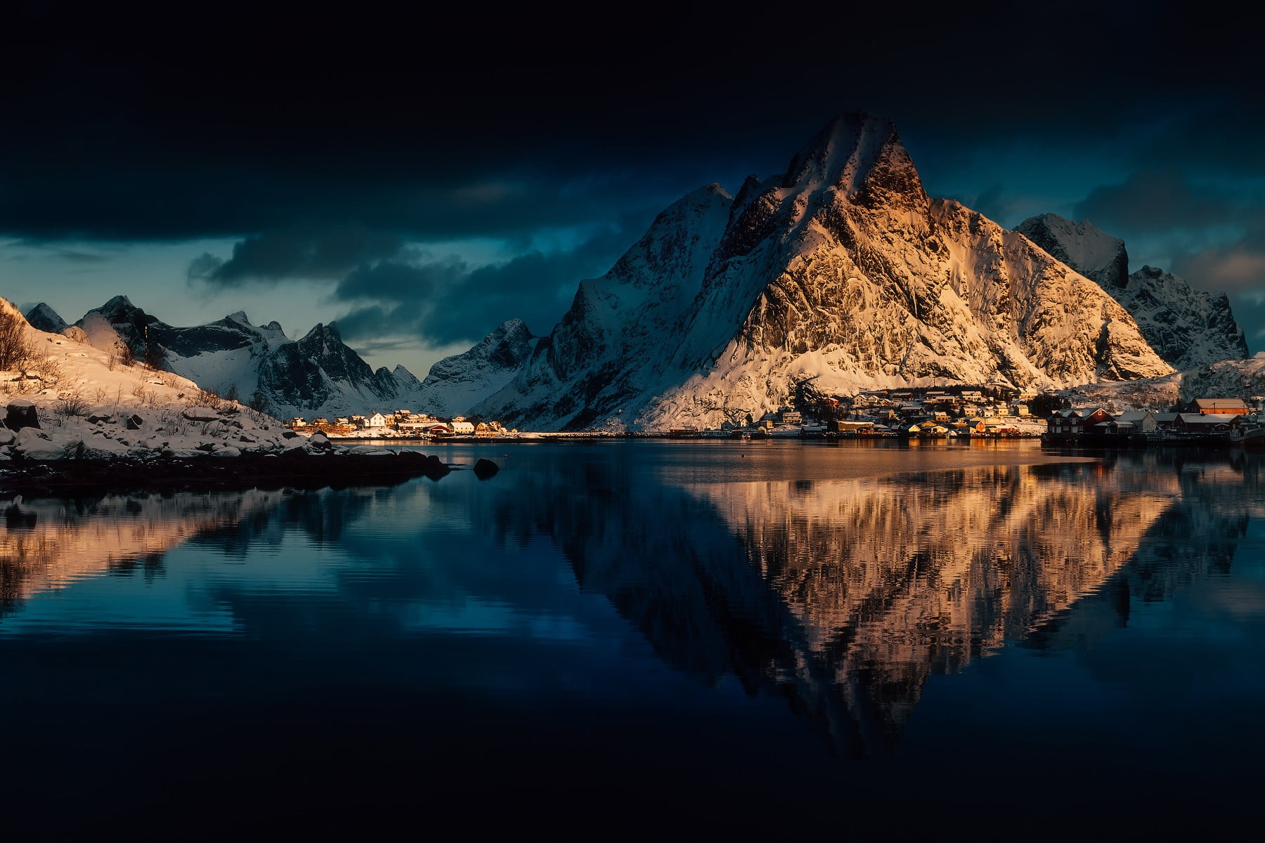 white snowy mountain mountains Lofoten Norway nature dark 2k