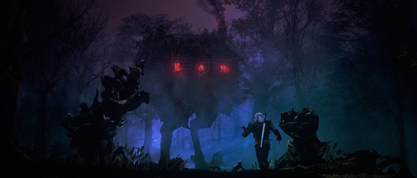 Witcher game wallpaper forest trees night house tale geralt 2k