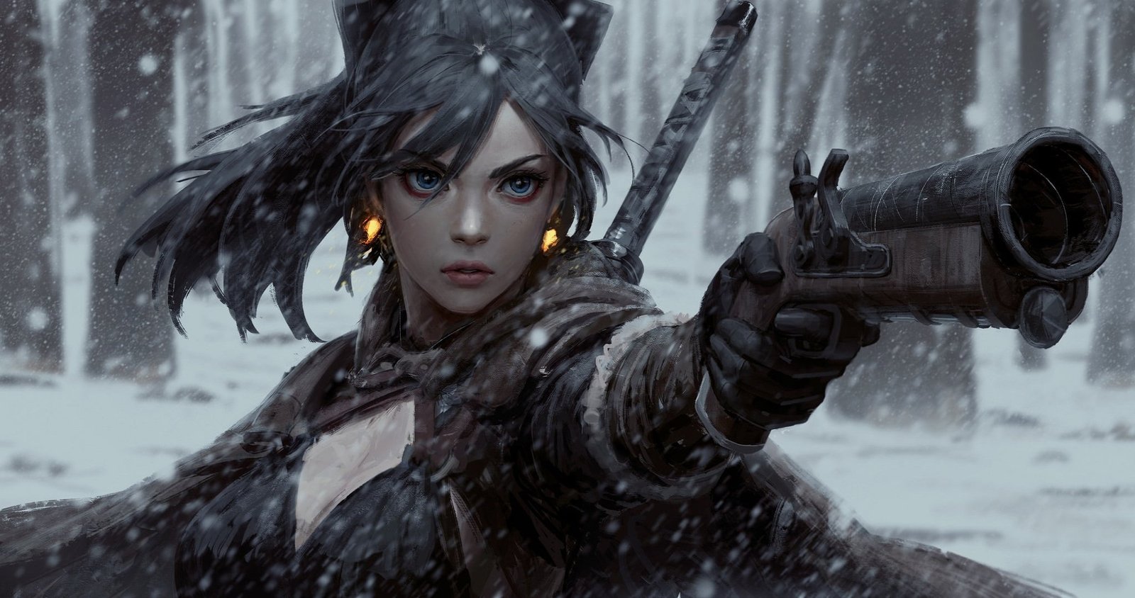 women artwork warrior sword weapon shotgun snow fantasy art 2k