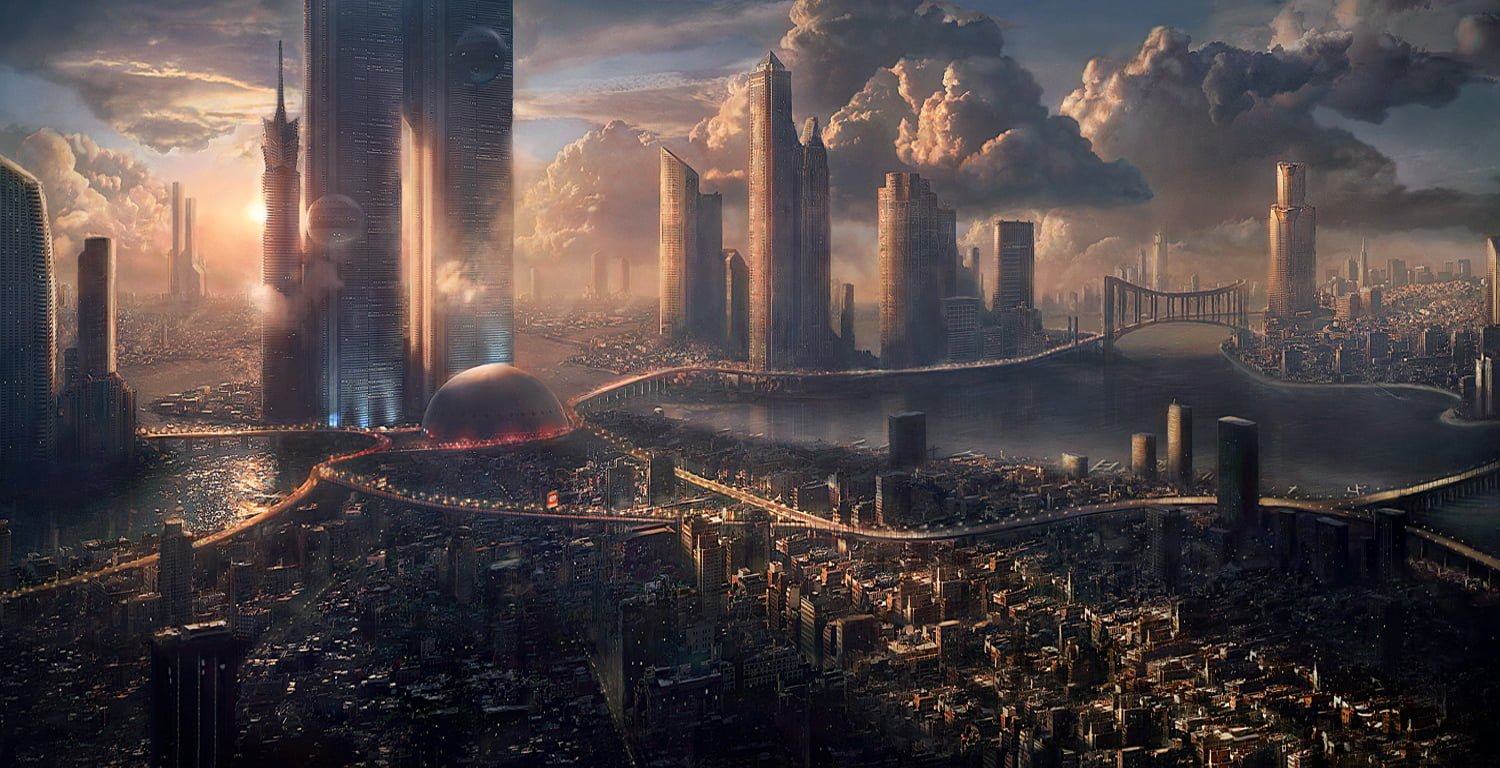 game illustration futuristic science fiction skyscraper cityscape 2k