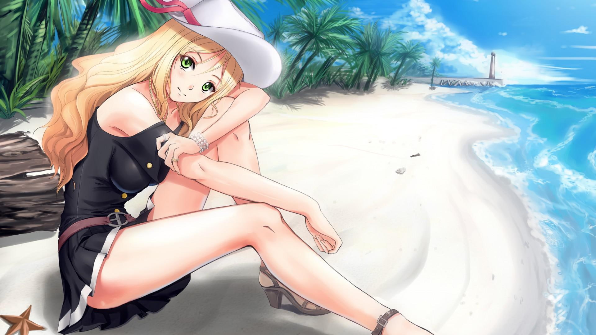 Girl beach sea lovely anime girls yellow haired female cartoon character sitting along the shore illustration 2k