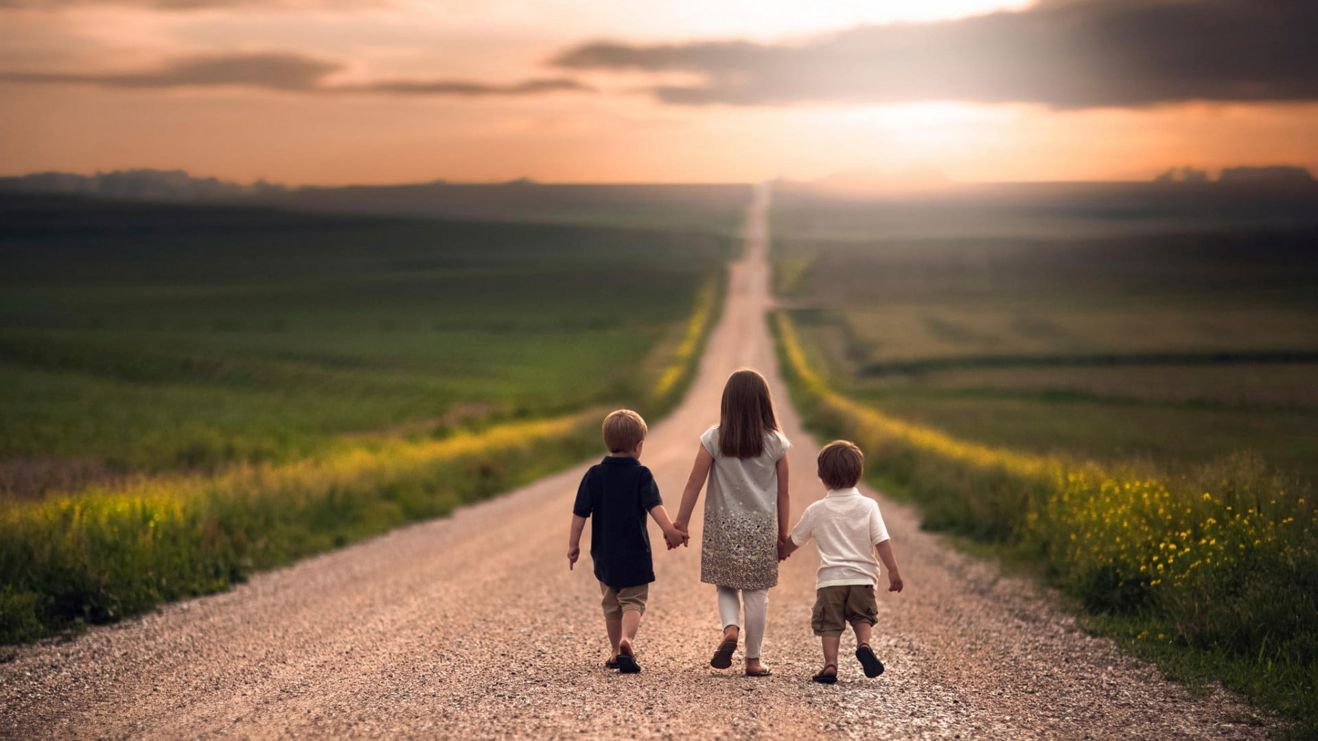 girl's gray dress children path nature holding hands road 2k