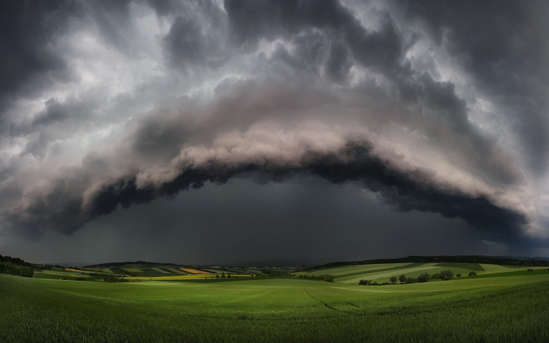 green grass field nature landscape Supercell storm clouds 2k
