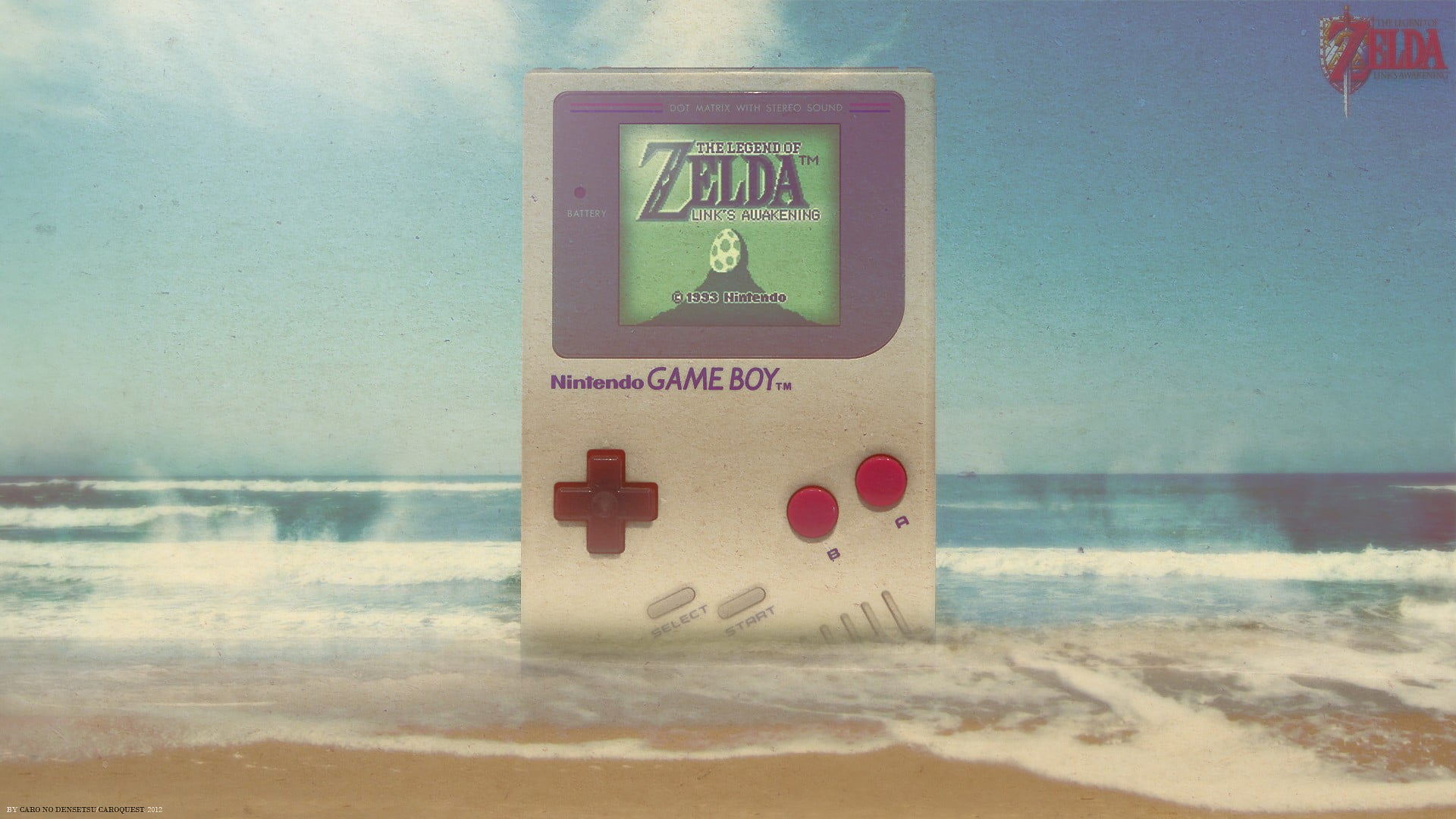 gray Nintendo Game Boy showing The Legend of Zelda game GameBoy 2k