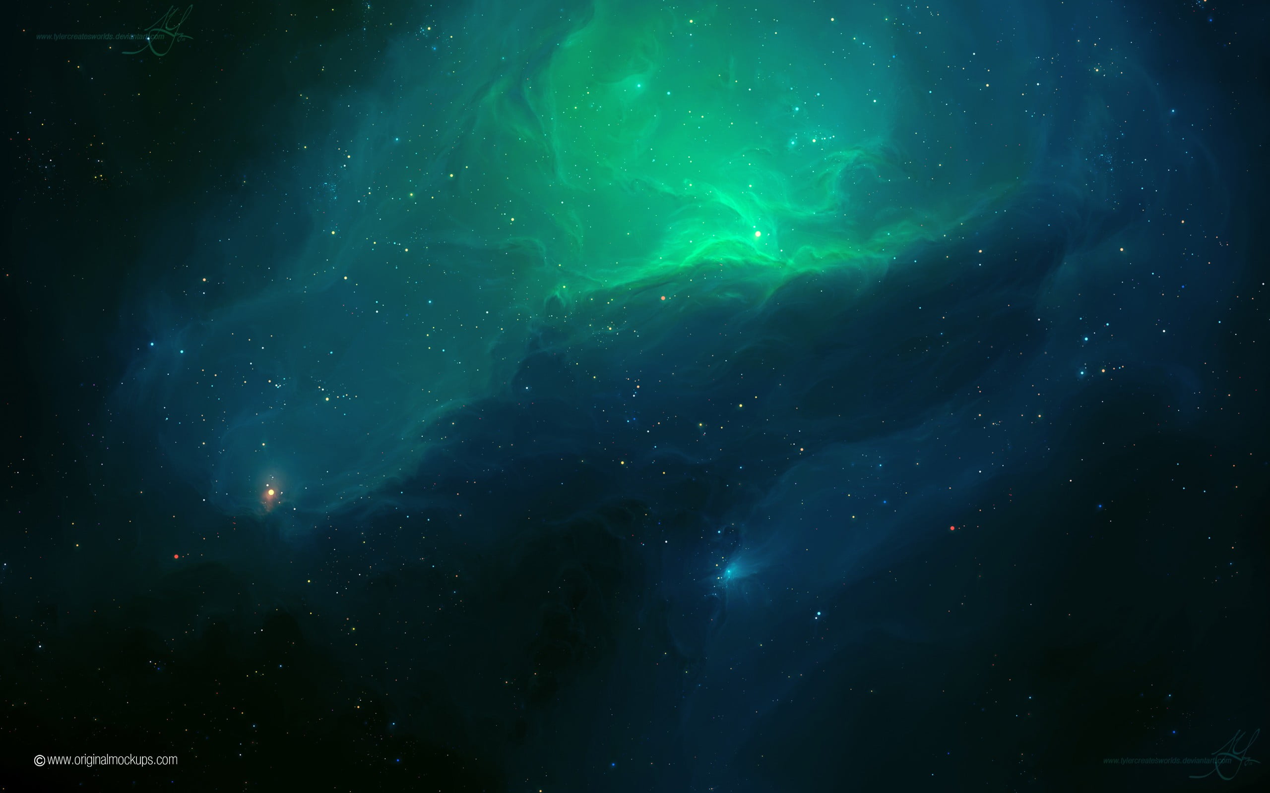 green nebula space art TylerCreatesWorlds night astronomy 2k