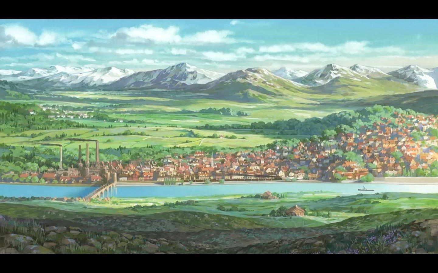 houses beside river painting animation artwork fantasy art
