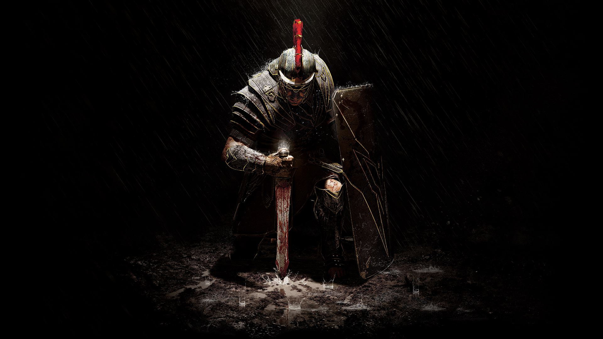 knight kneeling while holding sword digital wallpaper rain armor 2k