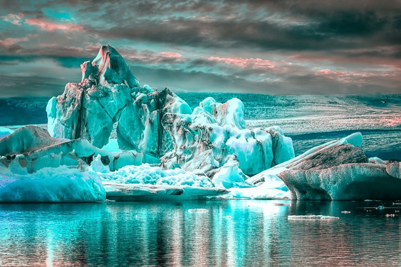 ice age digital wallpaper glaciers water clouds reflection