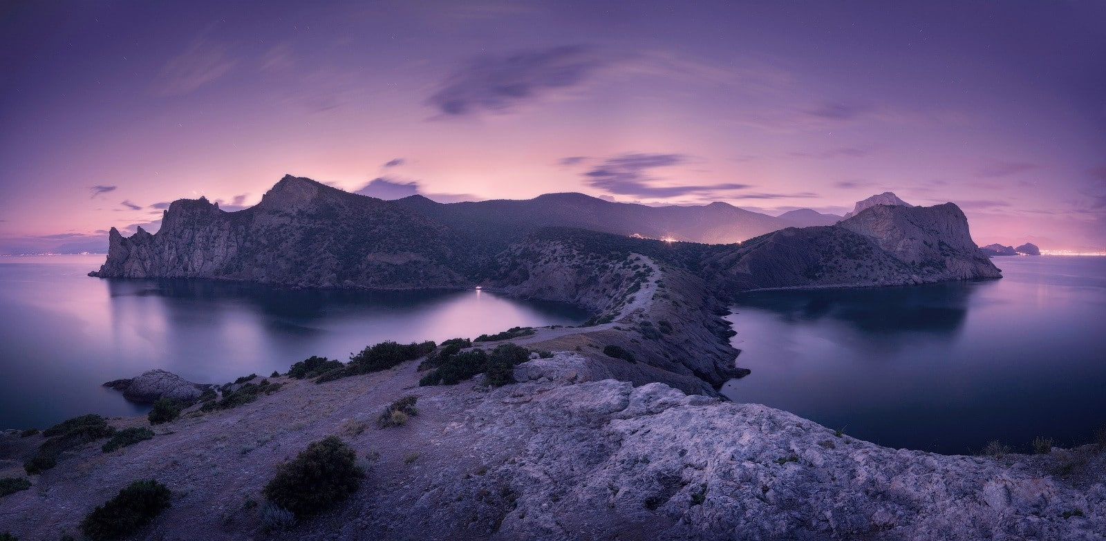 landscape nature panoramas peninsula beach sunset shrubs 2k