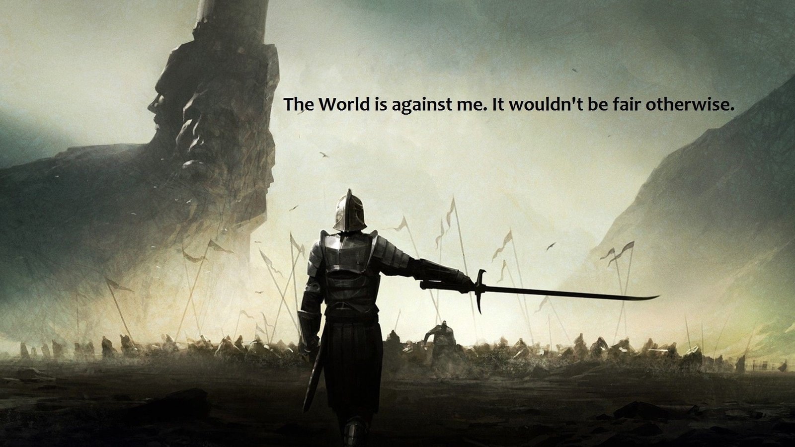 Knight holding sword with text overlay man in armor digital wallpaper 2k