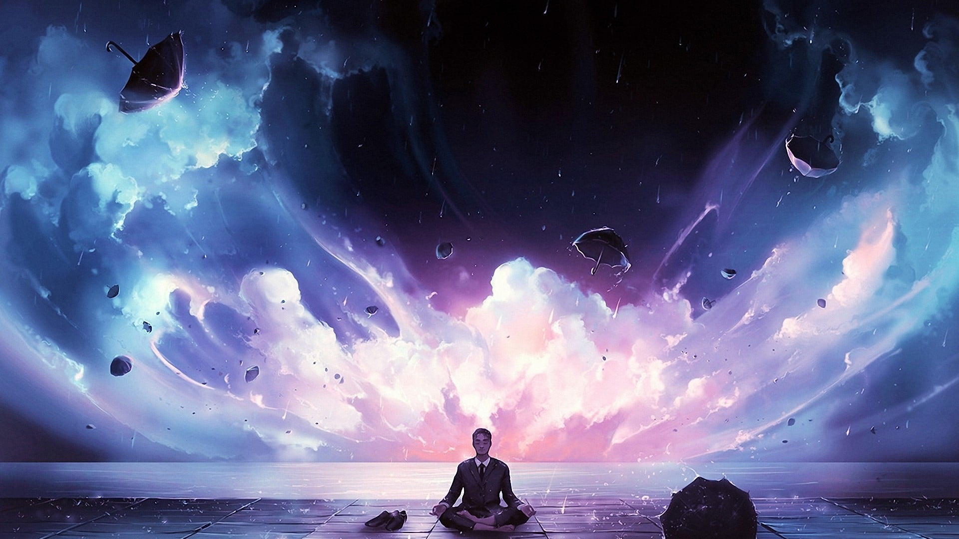 man in black suit jacket fantasy art meditation water sea 2k