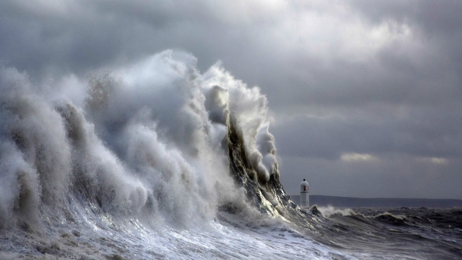 nature landscape sea waves clouds lighthouse storm hills 2k