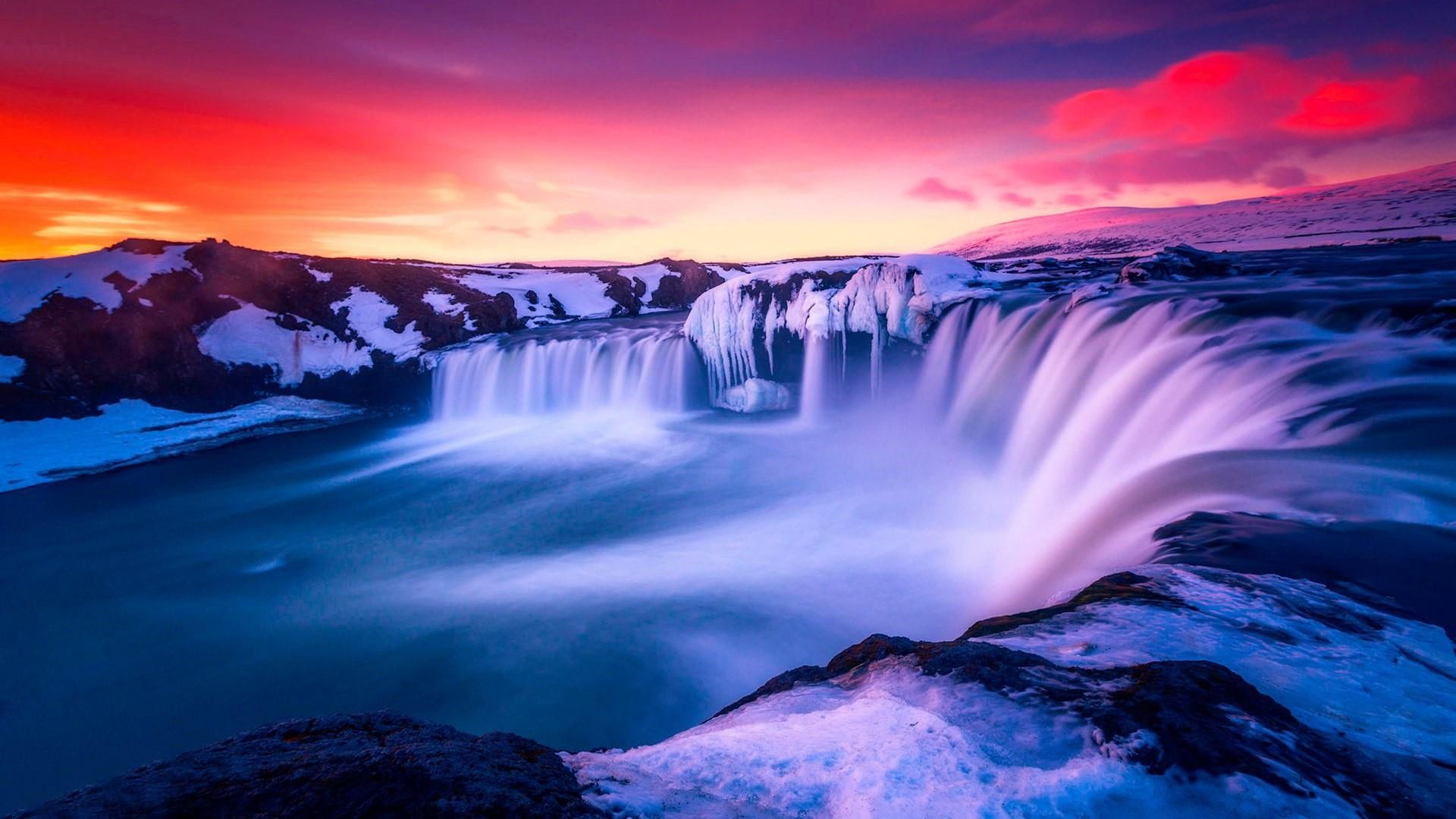 nature waterfall sky red winter freezing godafoss 2k