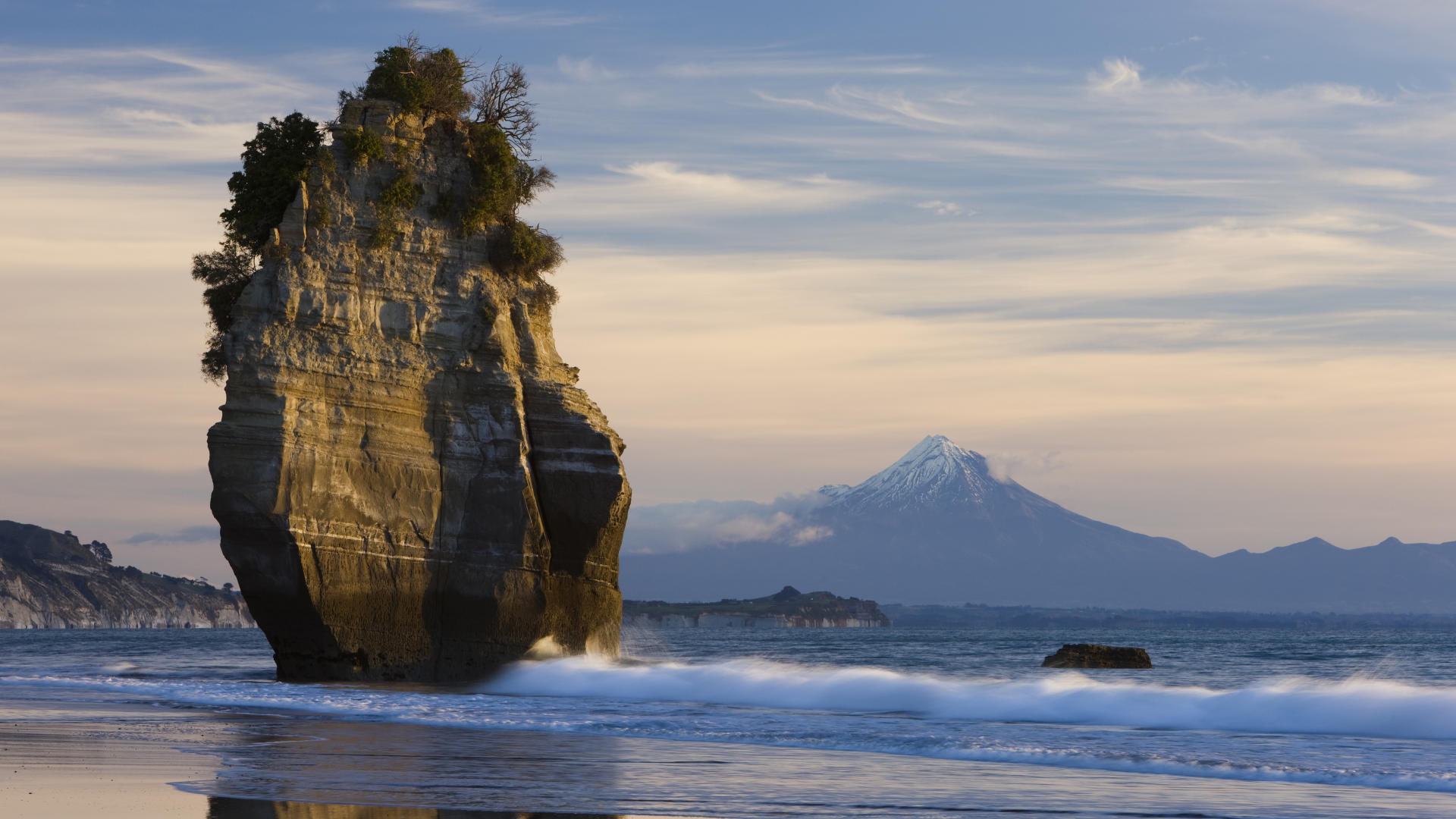 New Zealand Beach Mt Taranaki Landscape Rock Stone Ocean Island HD rock formation by the seashore 2k