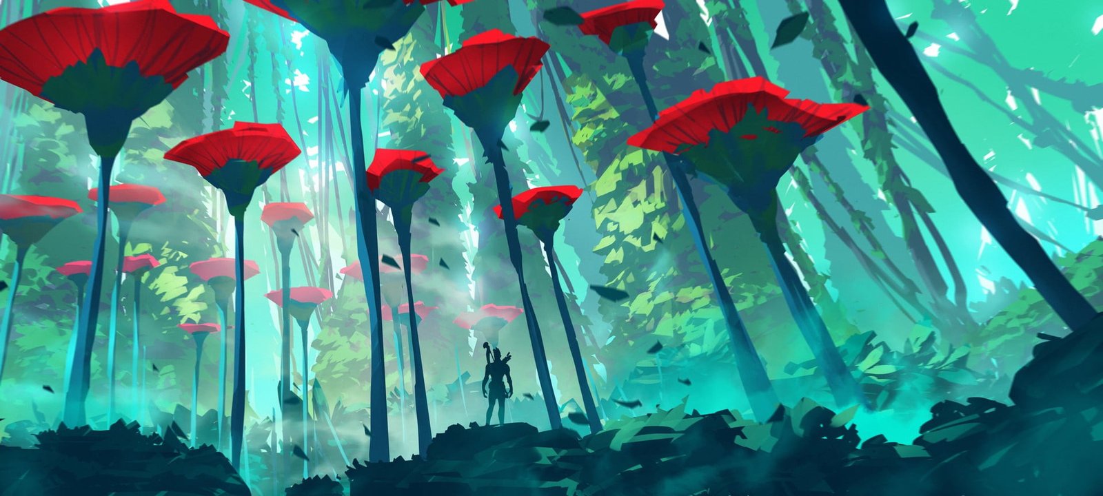 person at flower field digital wallpaper Duelyst video games 2k