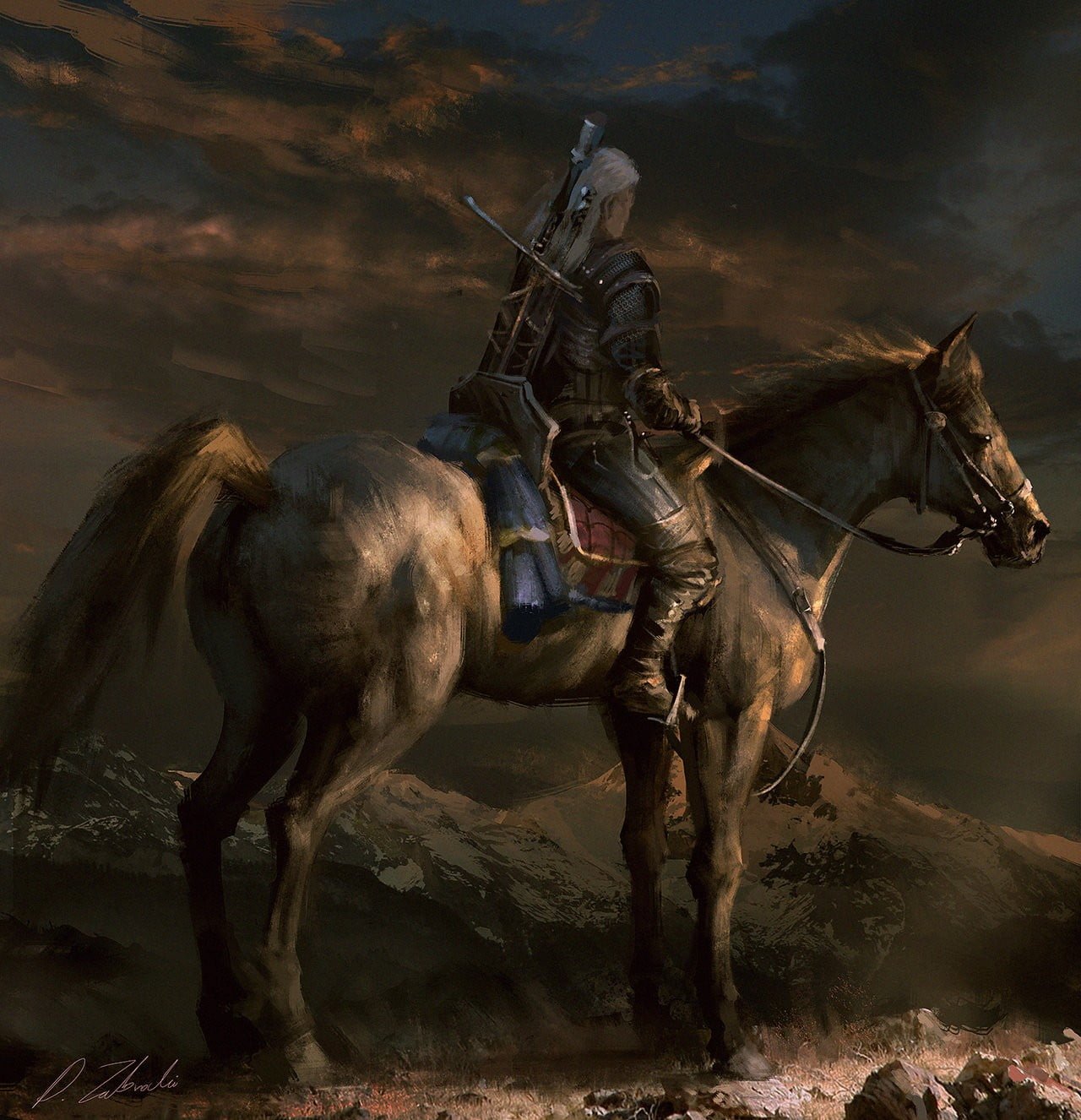 person riding on horse painting The Witcher artwork Geralt of Rivia