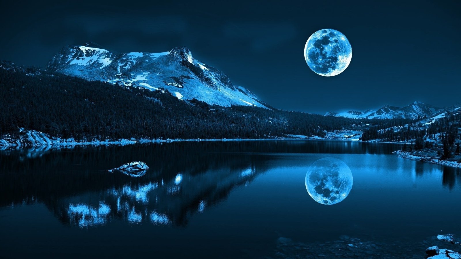 reflection of snowy mountain on body water under full moon wallpaper 4 2k