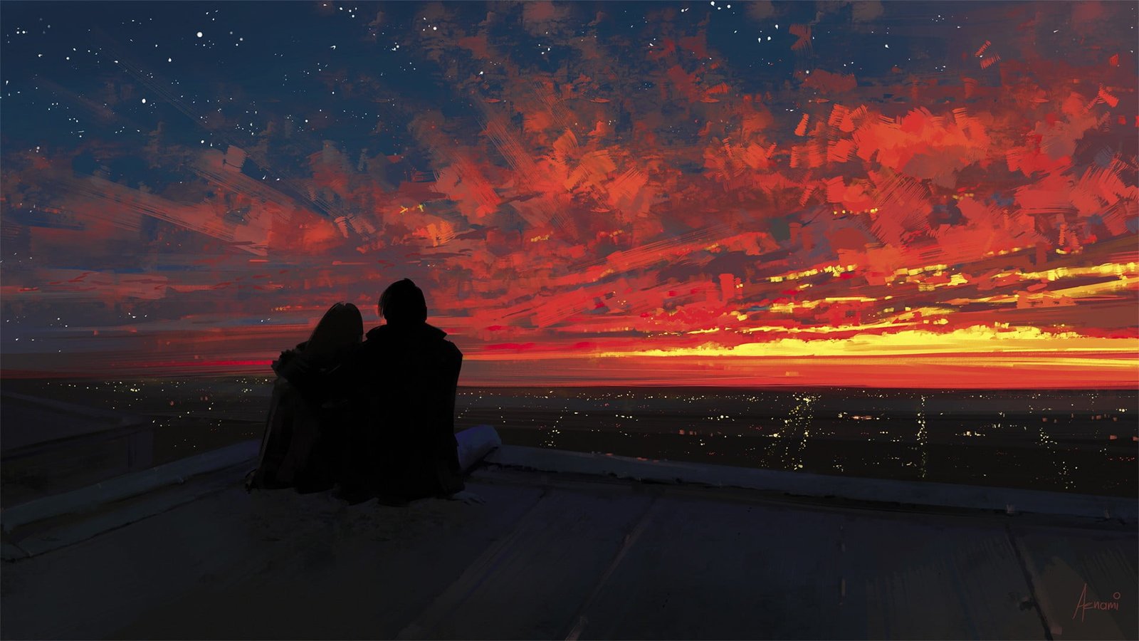silhouette of man and woman fantasy art couple Sun sunset 2k