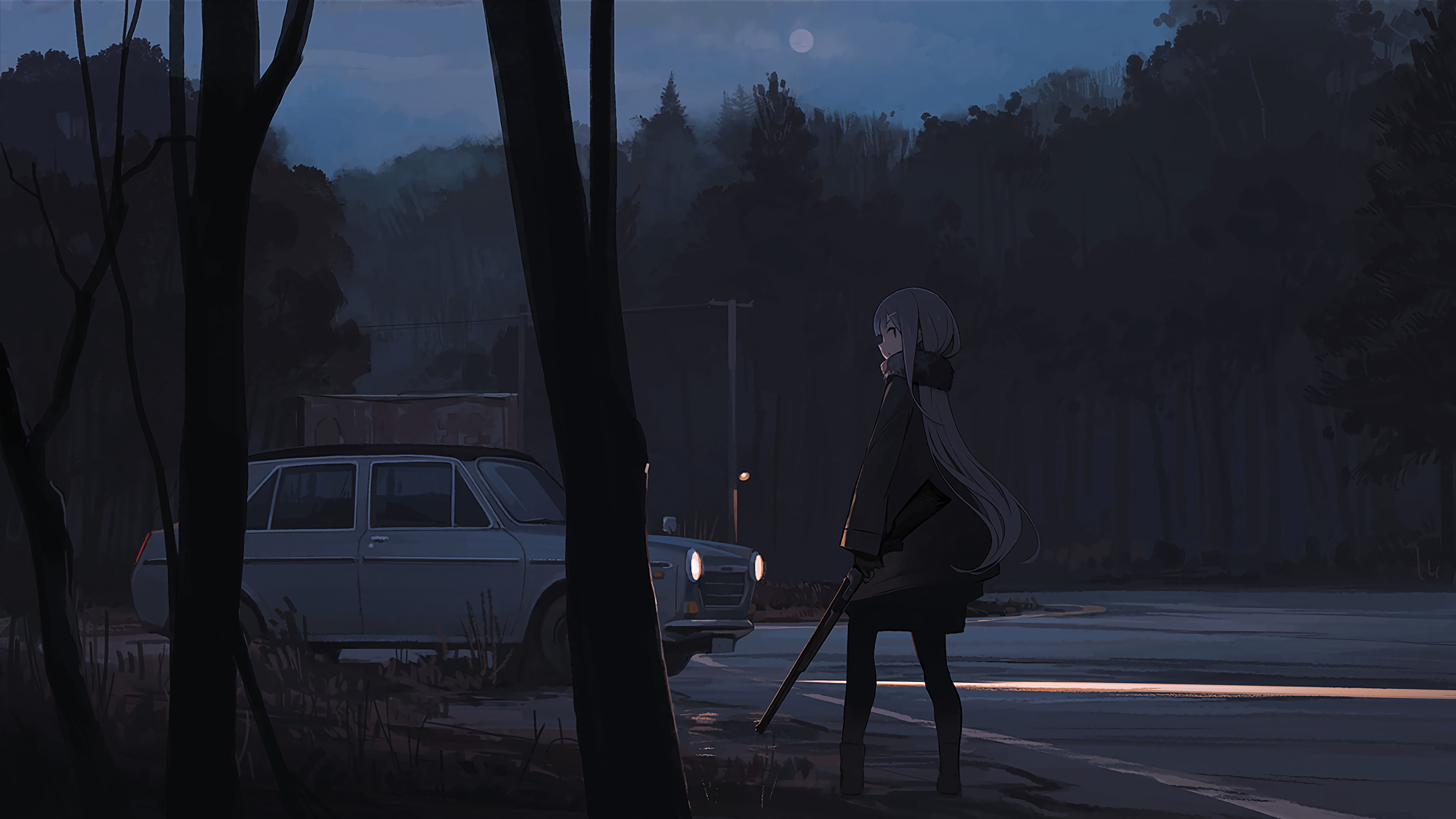 anime girls dark background night forest car roadside 2k 4k