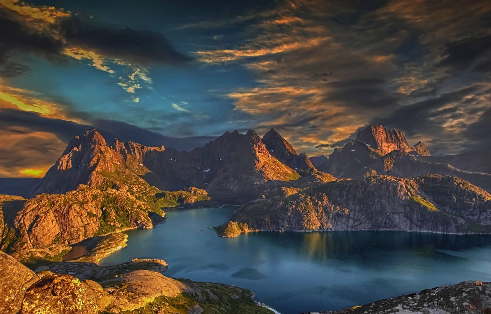 body of water sunset mountains bay island Lofoten Norway 2k