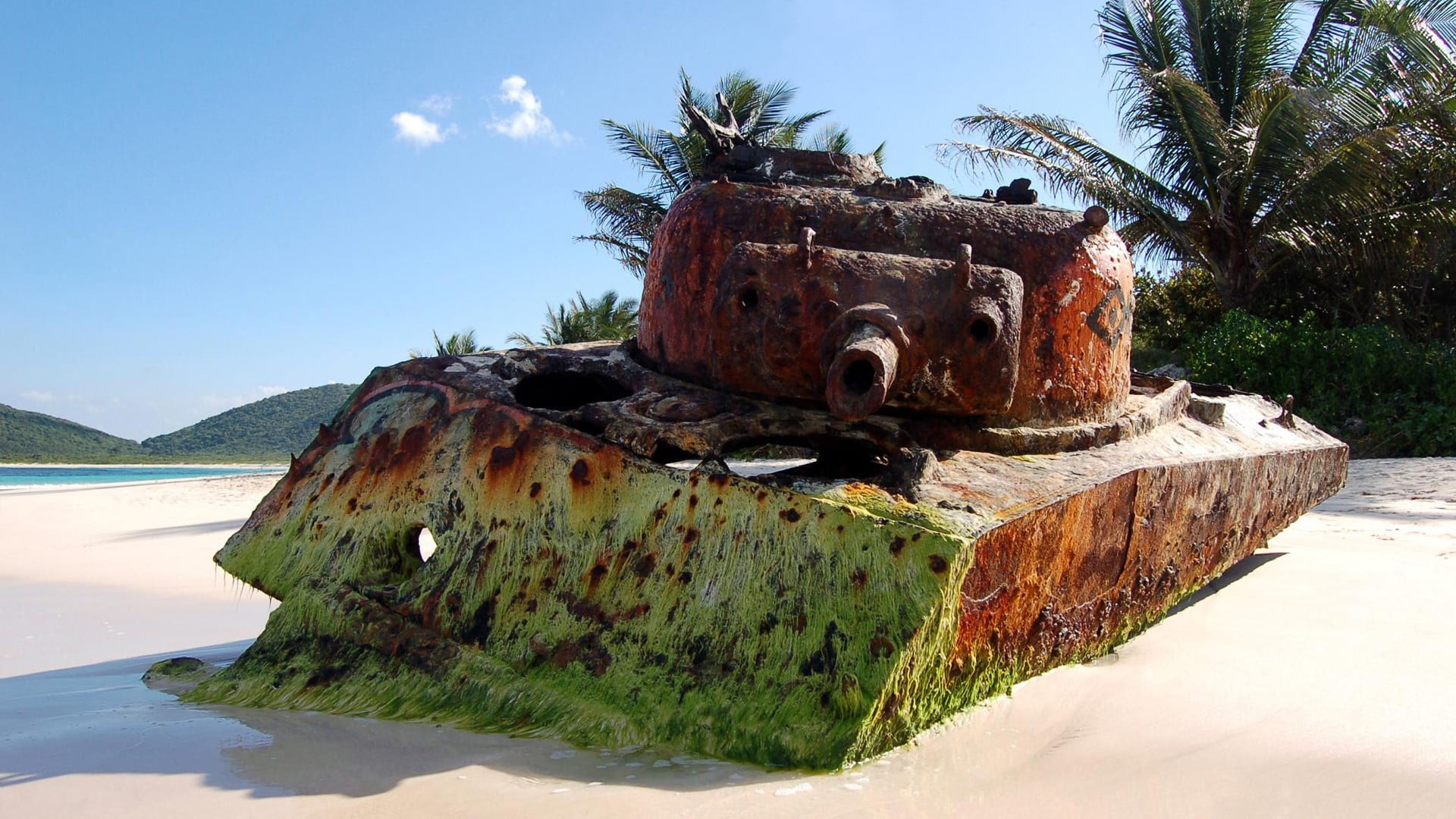 brown battle tank beach sand rust Sherman water sky 2k