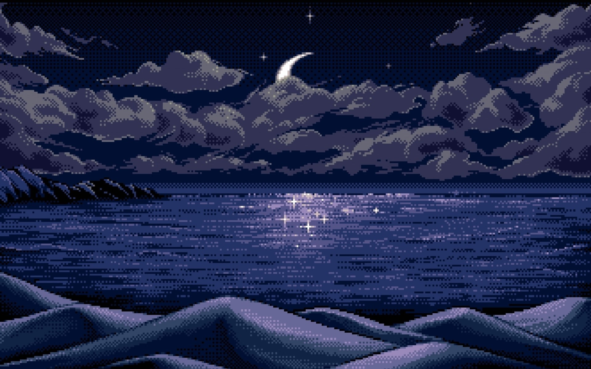 digital art pixel pixels moon horizon blue reflection nature sea clouds hills mountains night stars landscape 2k