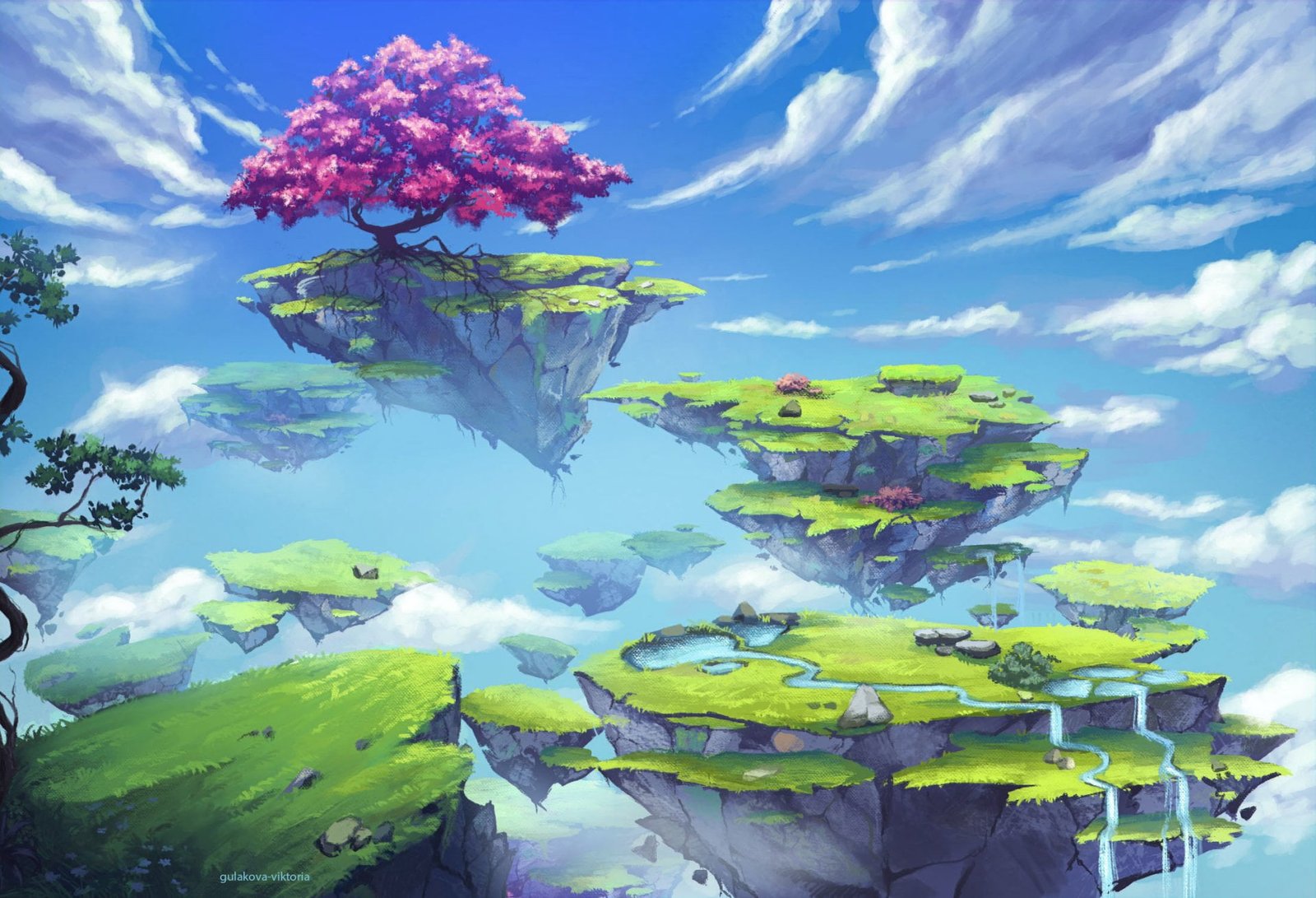 Fantasy Landscape Floating Island Sky Tree Waterfall plant 2k